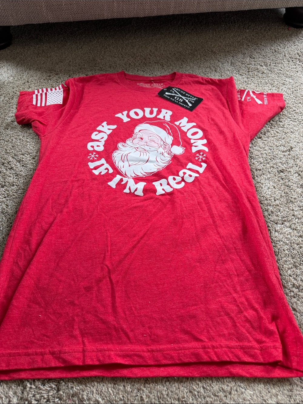 Red men’s size small graphic Tee - 'Ask Your Mom If I'm Real' Santa Design